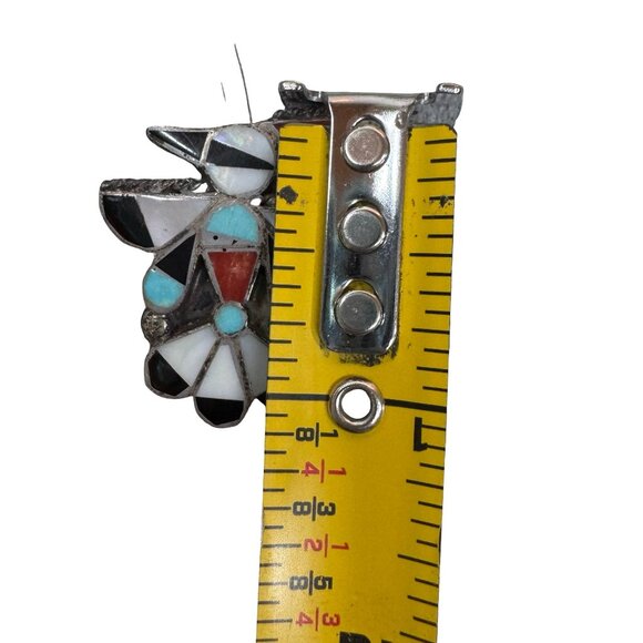 Vintage Zuni Bird Thunderbird Inlay Brooch Pin Turquoise Coral & Mother Of Pearl - Picture 3 of 4